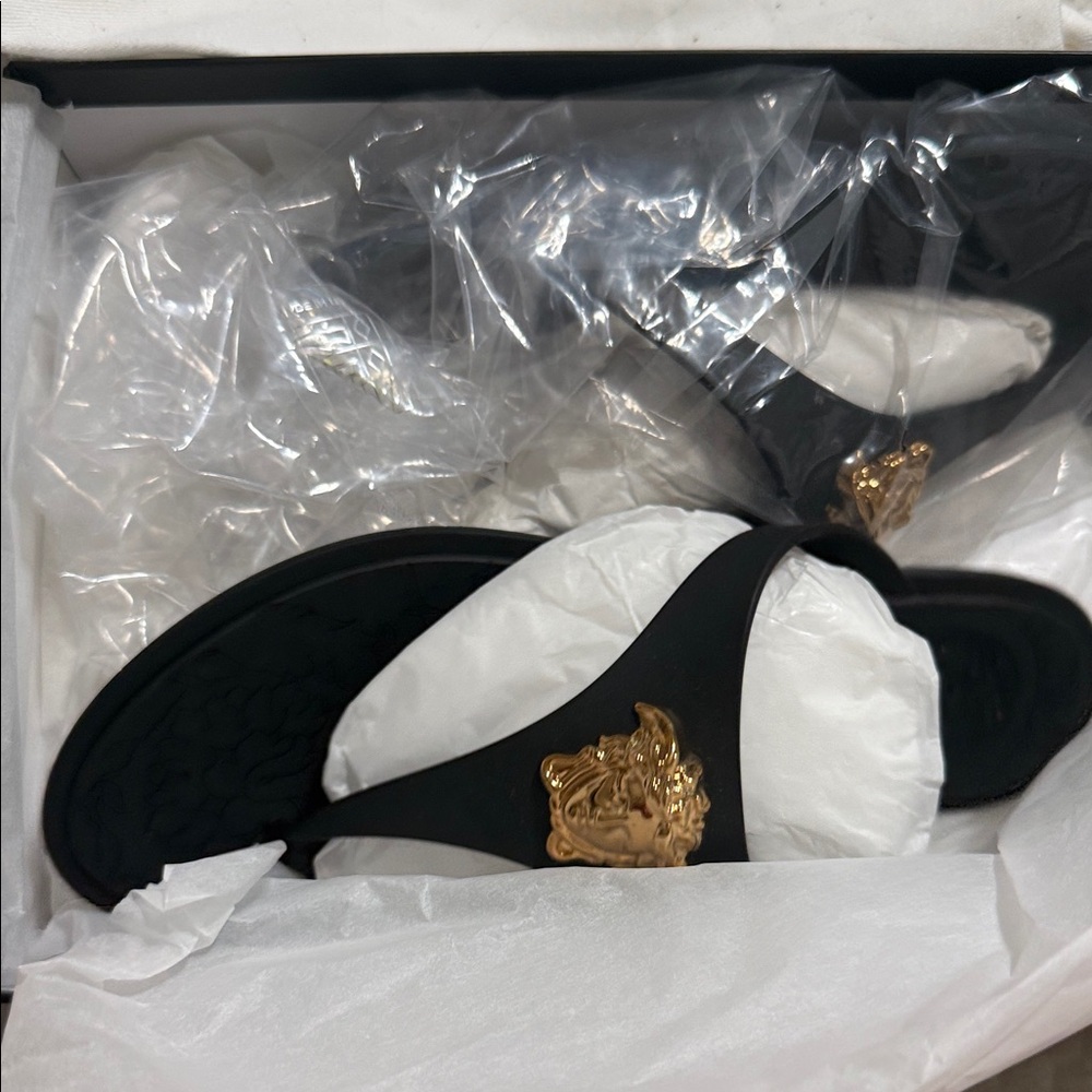Versace Black Sandals with Gold Lion Detail